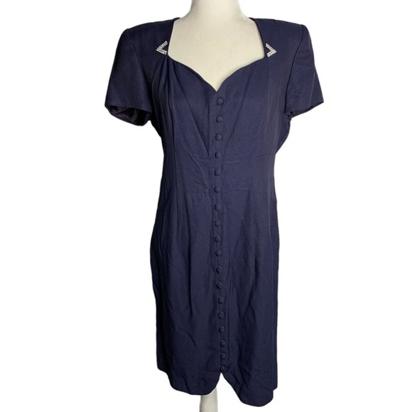 Vintage 80s Wiggle Sheath Dress M Blue Buttons Zip Sweetheart Short Sleeves - Picture 1 of 6